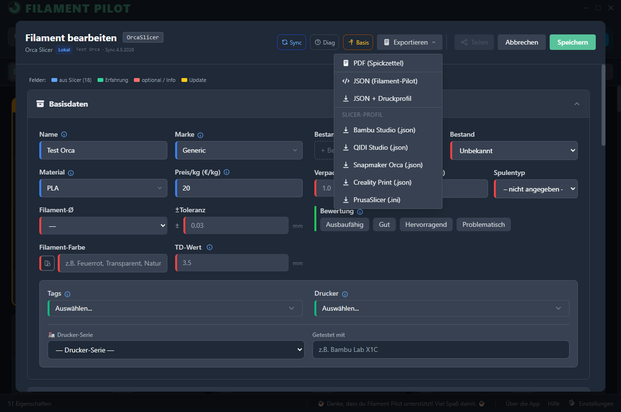 FilamentPilot: Exportieren-Menü — ein Filament-Profil für andere Slicer wie Bambu Studio, QIDI oder PrusaSlicer erzeugen