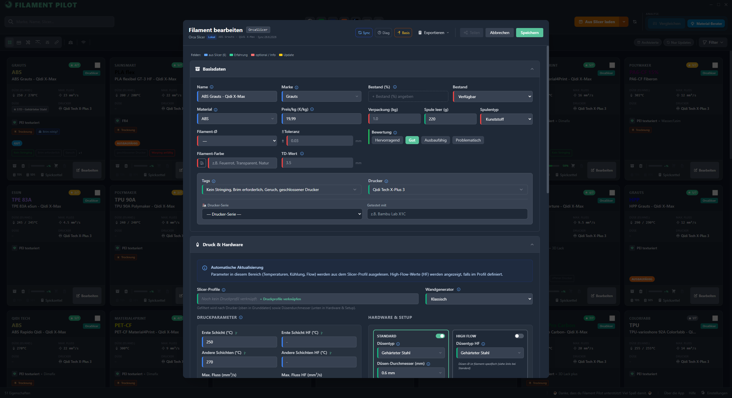 FilamentPilot: Filament-Bearbeiten-Ansicht mit Basisdaten, Druckwerten und Notizen