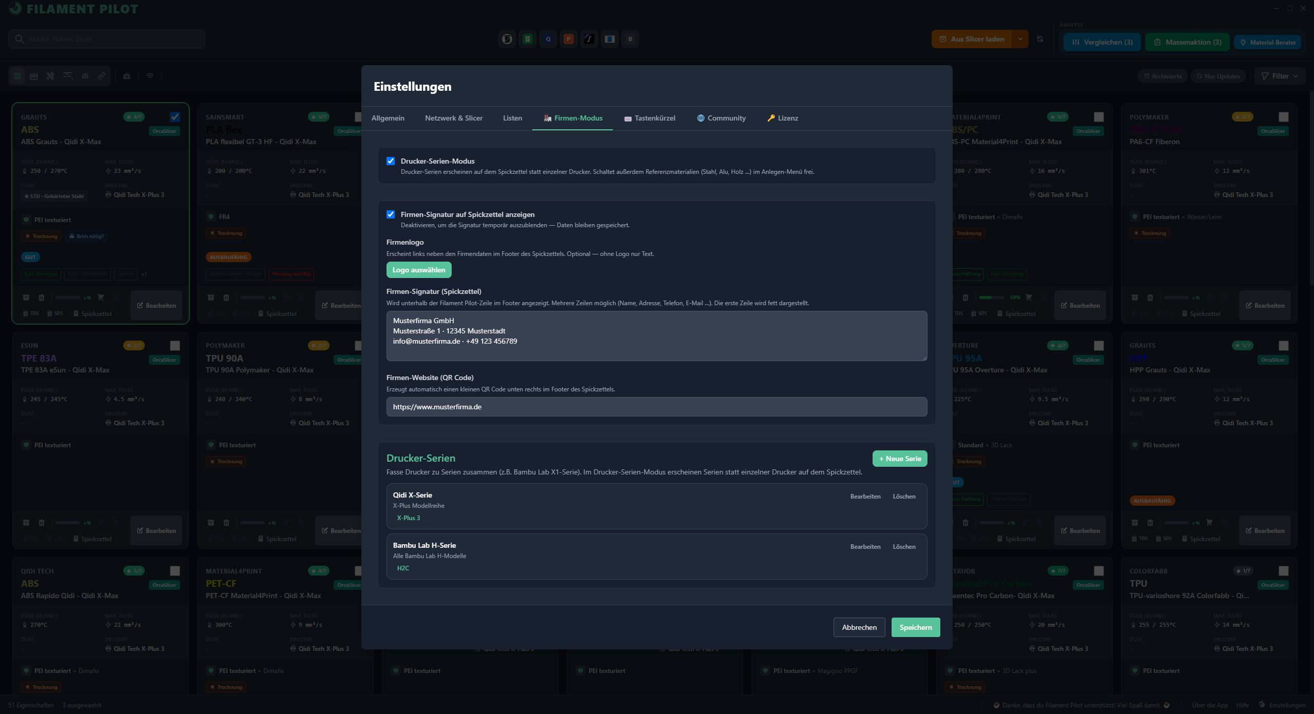FilamentPilot: Firmen-Modus mit Drucker-Serien-Verwaltung und Firmen-Signatur für den Spickzettel
