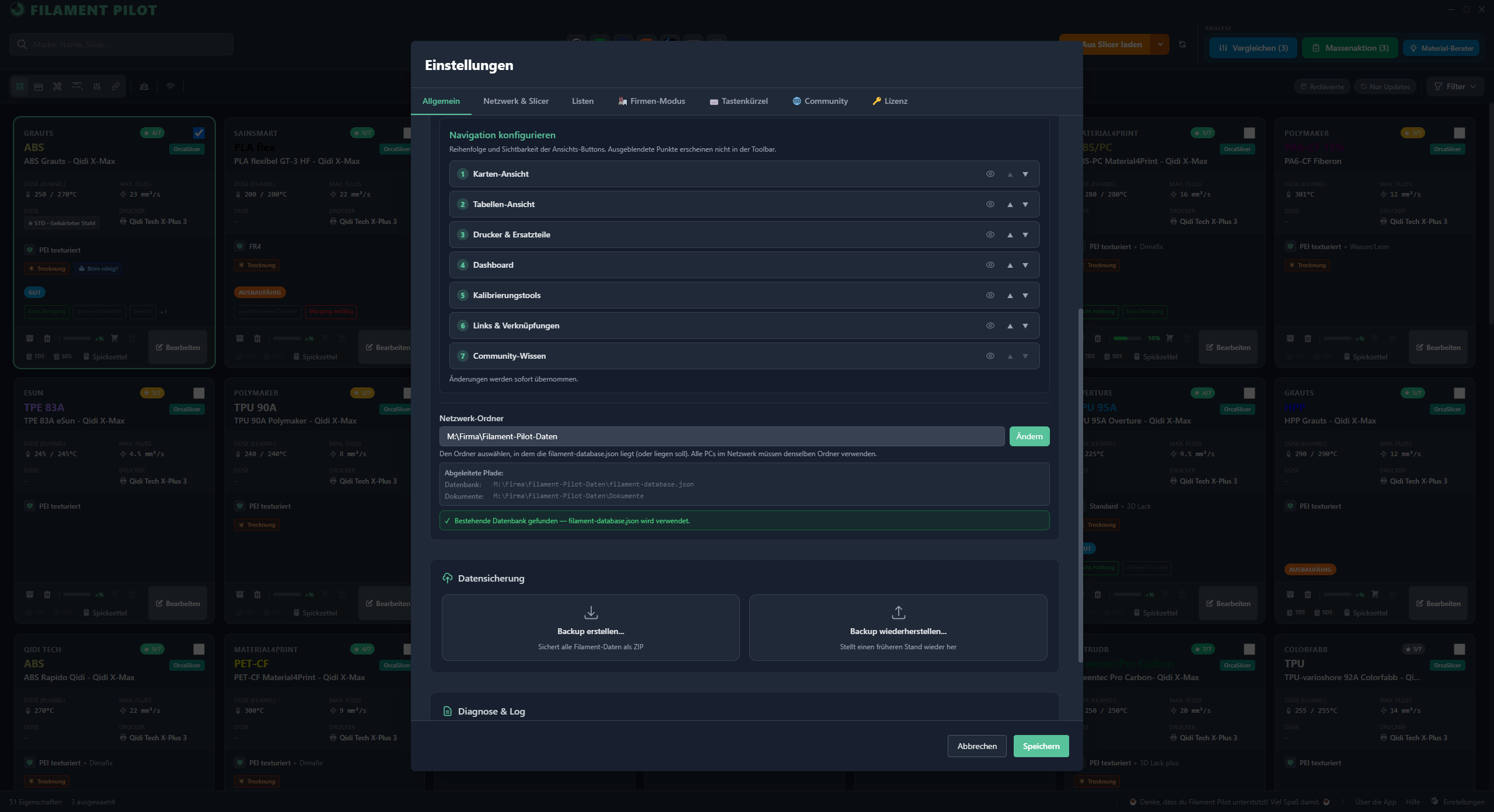 FilamentPilot: Einstellungen mit Netzwerk-Ordner und abgeleiteten Pfaden für Datenbank und Dokumente