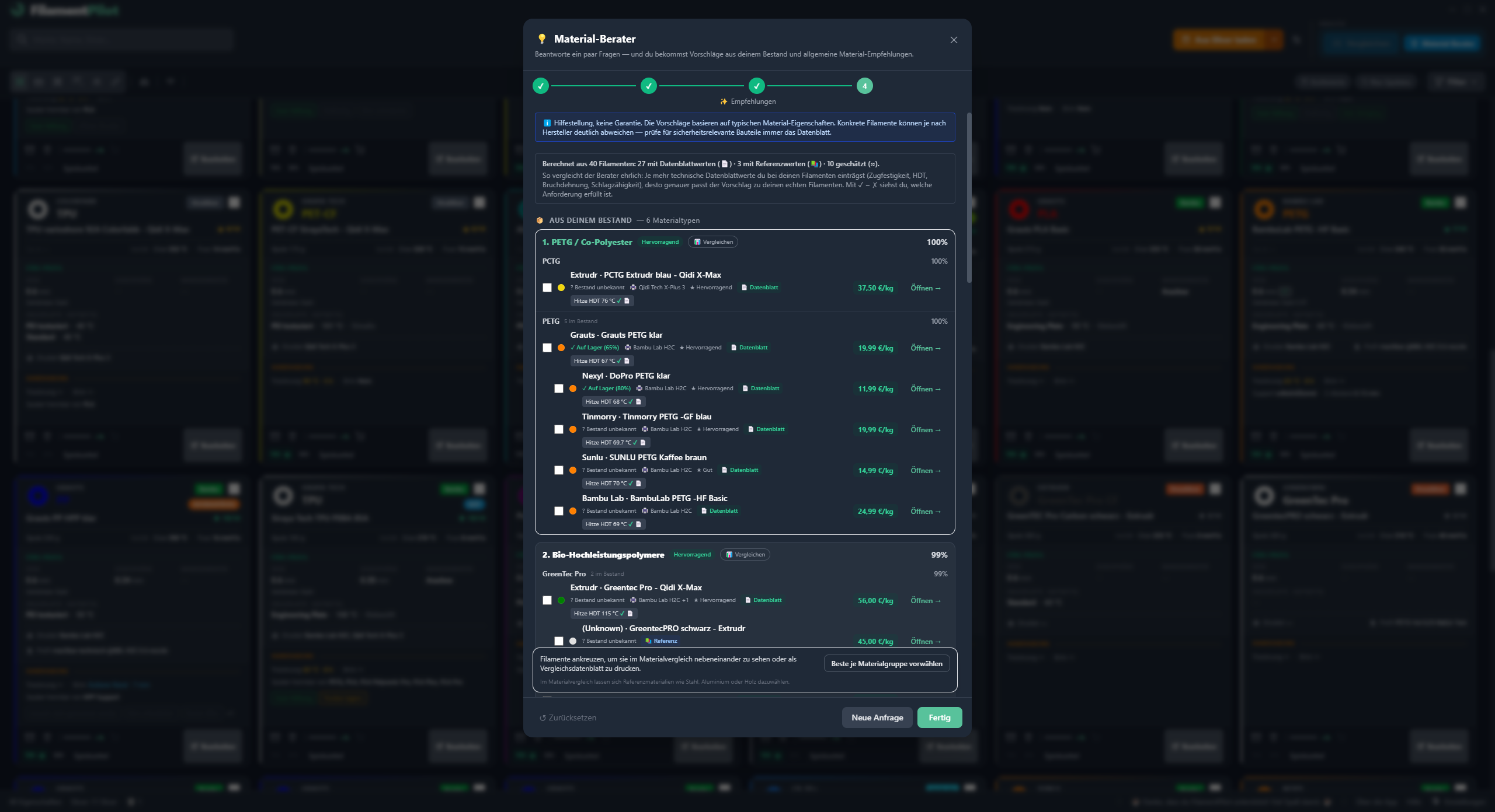 FilamentPilot: Materialberater mit Anforderungsfragen und Empfehlung
