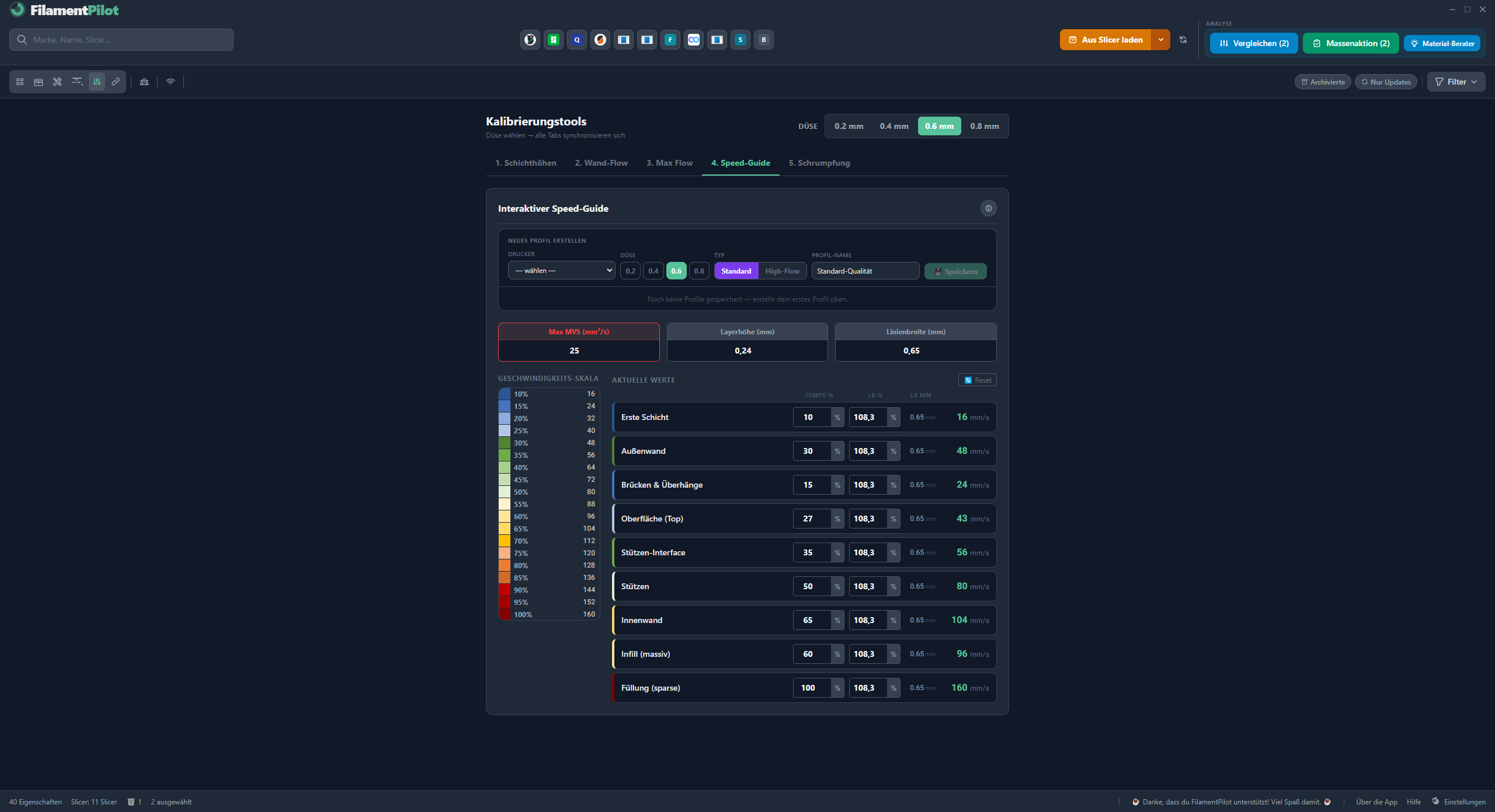 FilamentPilot: Speed-Guide berechnet aus dem Durchsatzlimit die Geschwindigkeit für jede Druckfunktion