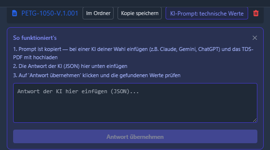 FilamentPilot: Prompt für die KI kopieren und die Antwort zurück einfügen