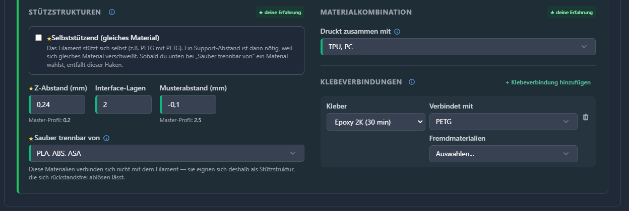 FilamentPilot: Feld Stützen