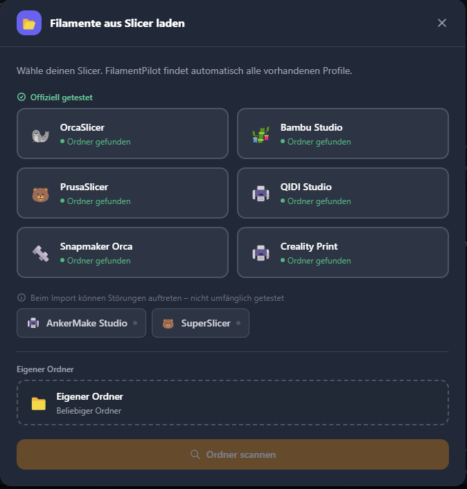 FilamentPilot — vorhandene Filamentprofile aus OrcaSlicer, Bambu Studio, PrusaSlicer, QIDI Studio, Snapmaker Orca und Creality Print importieren